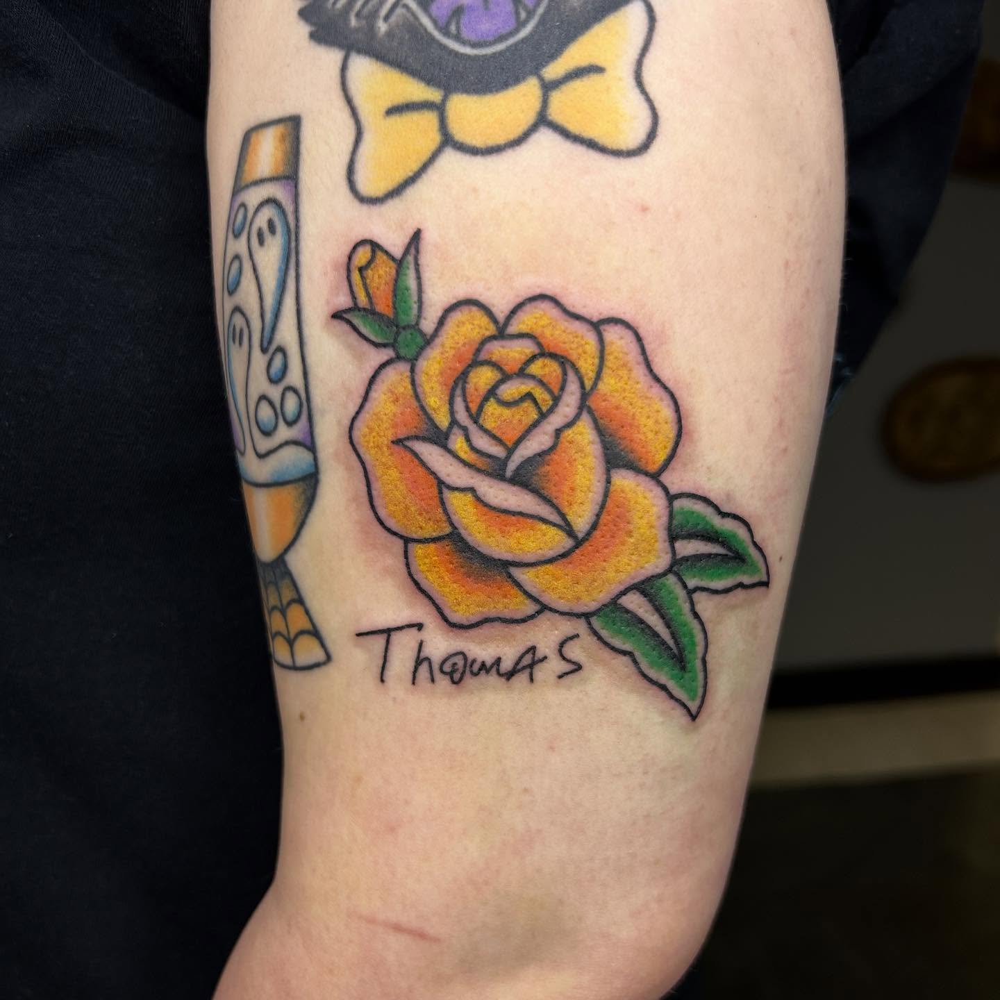 Yellow rose American traditional tattoo on the forearm by Bregan ✨
