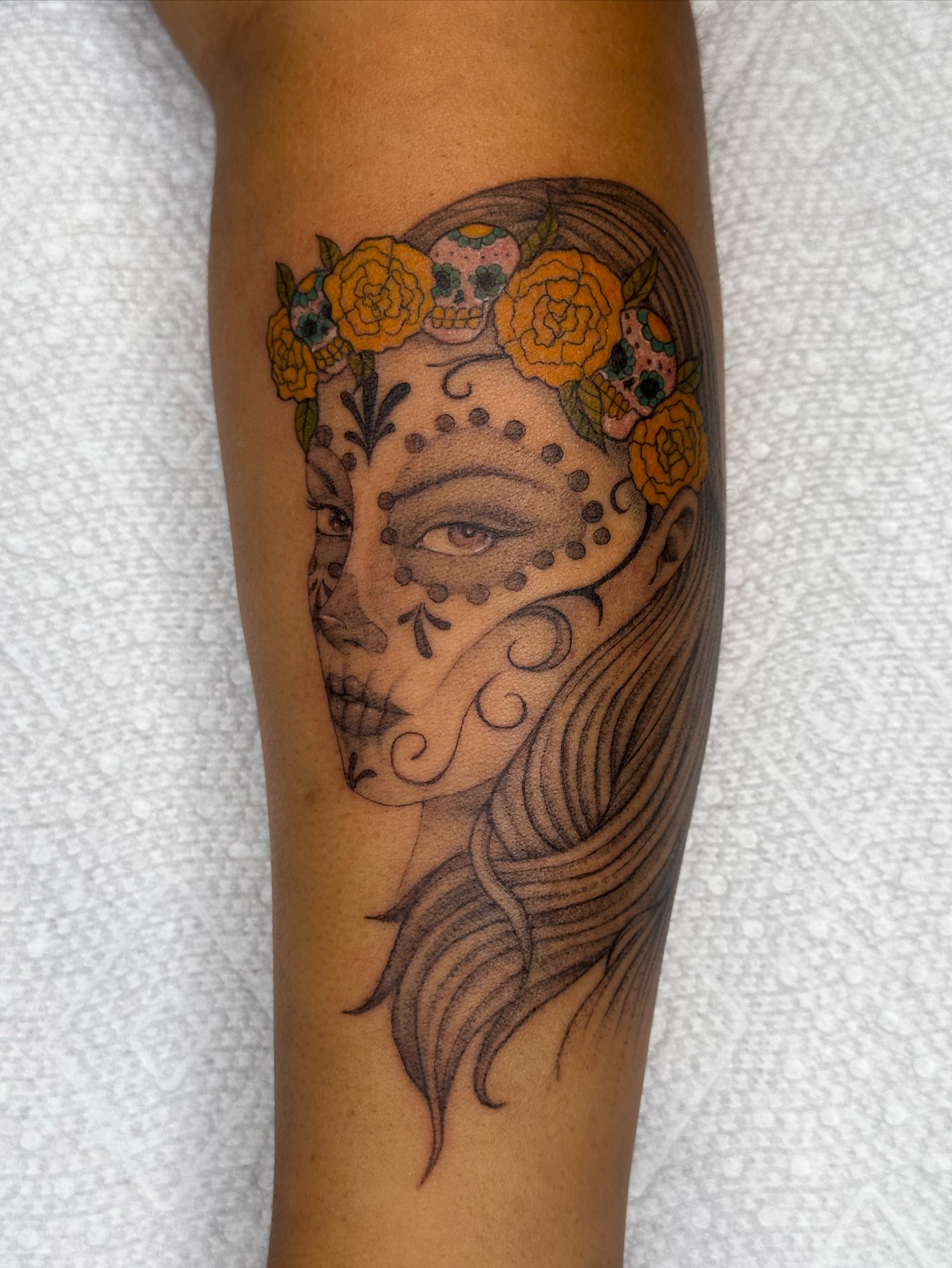 Sugar skull woman dotwork tattoo on the forearm by cora cupid