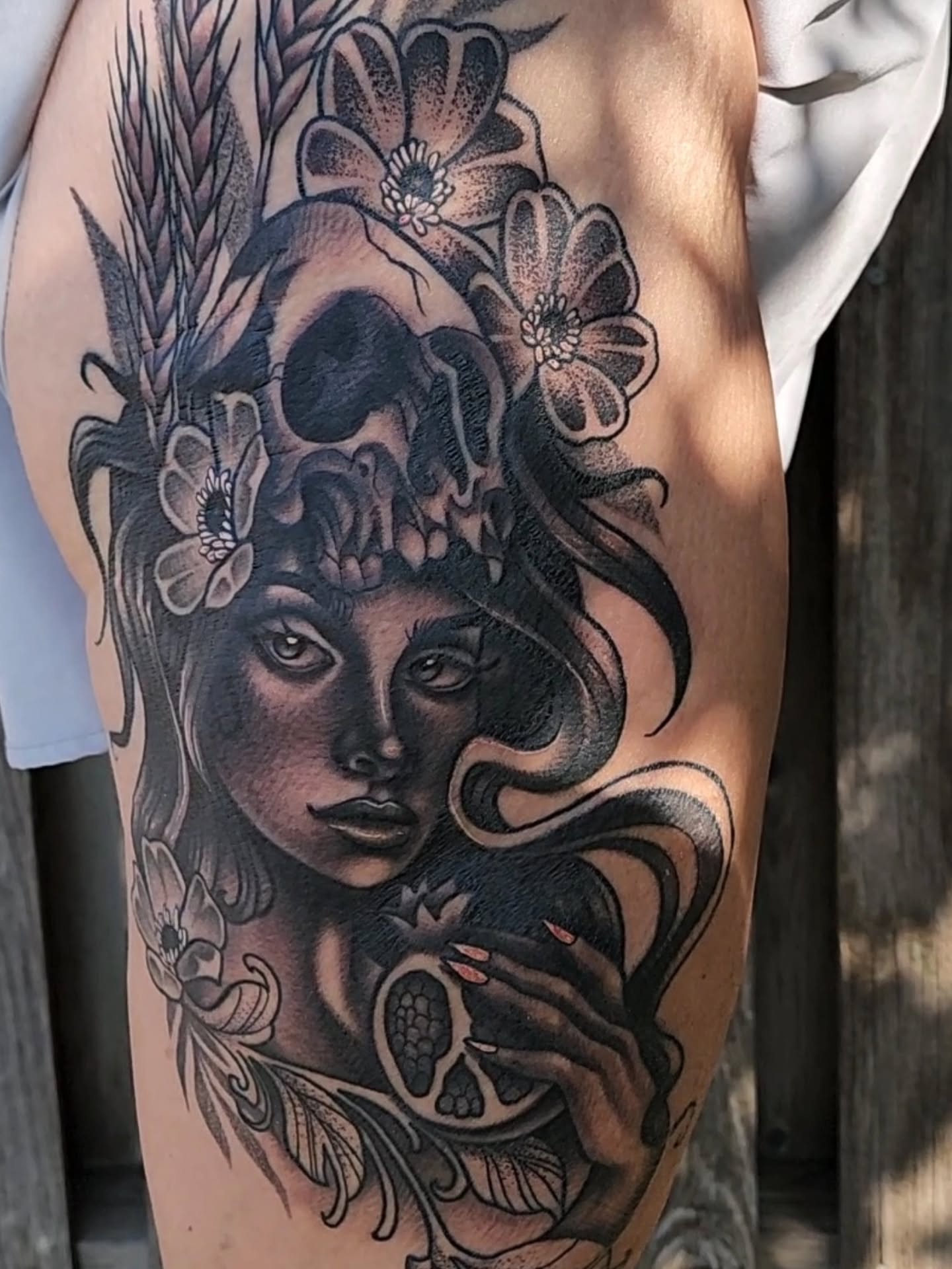 Woman with skull realism tattoo on the forearm by Shawna Goettsche