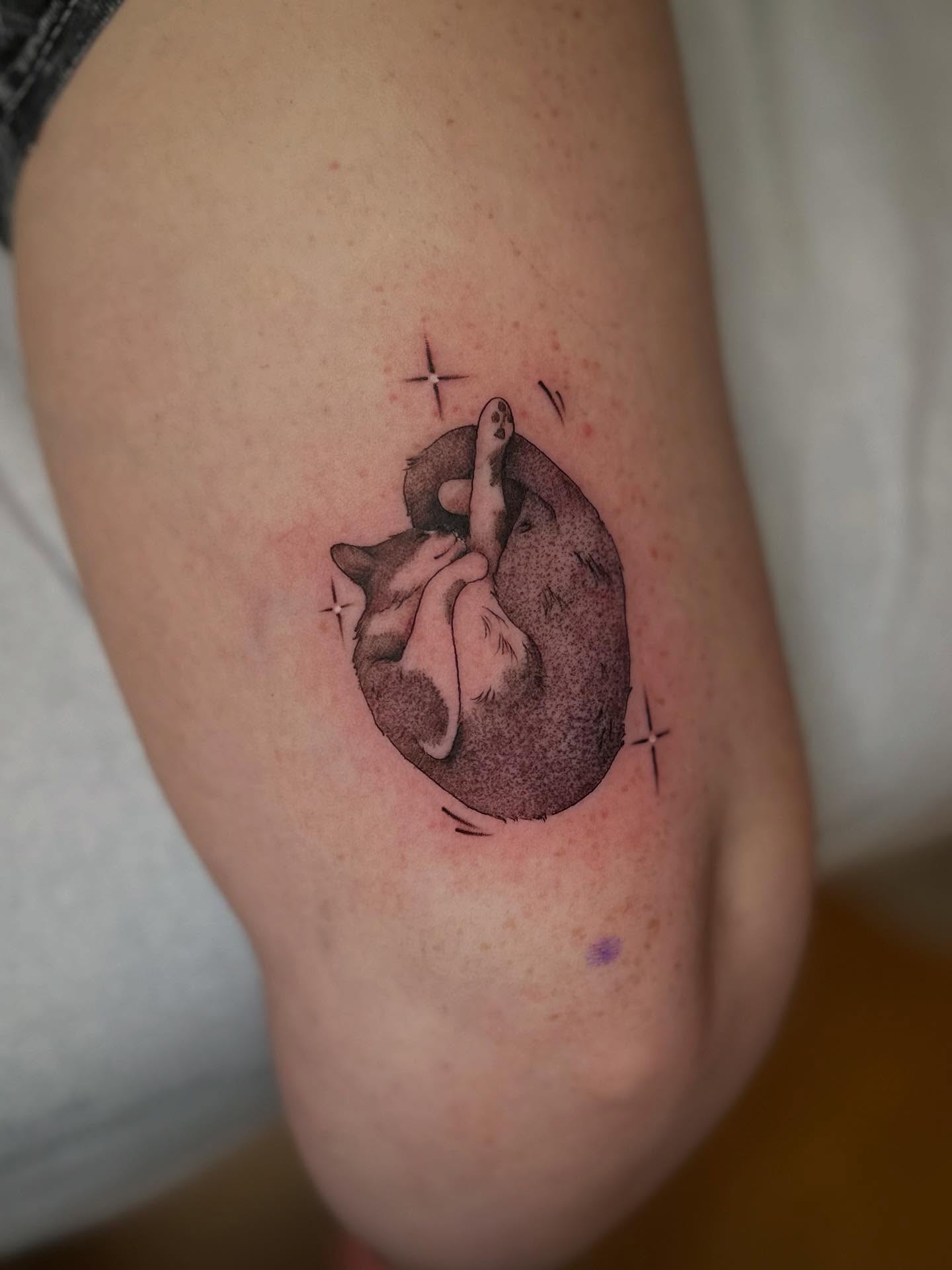 Cat and hand black and grey tattoo on the forearm by ๐ฎ Kira Yamanashi