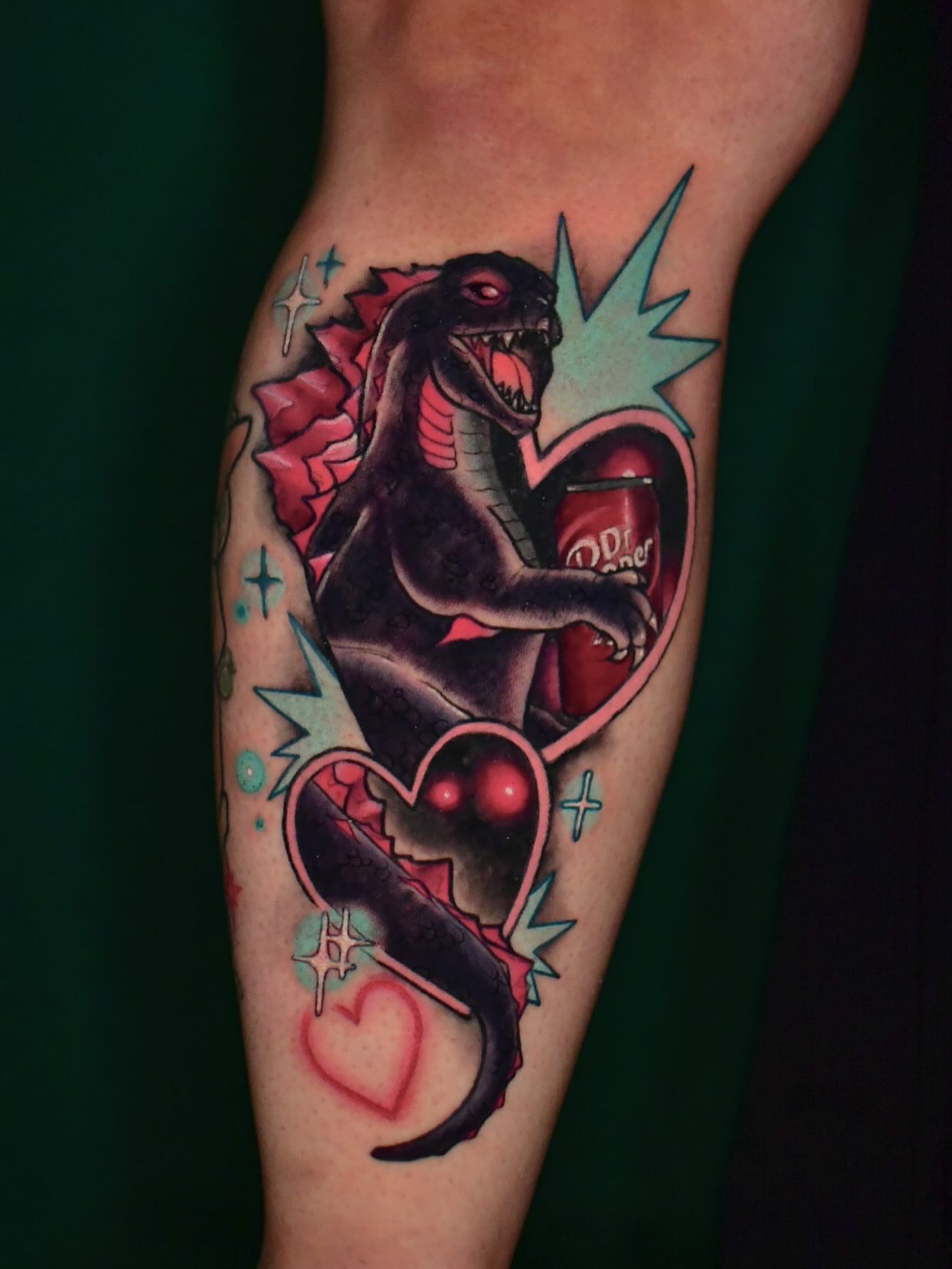 Godzilla American traditional tattoo on the forearm by Karina πΌ Orange County Tattoo Artist
