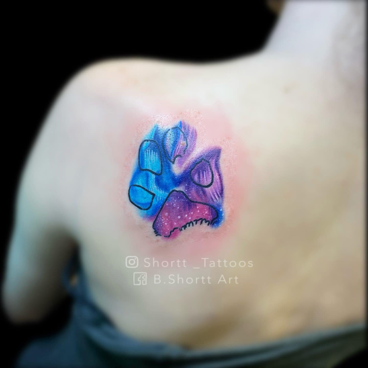 Paw print watercolor tattoo on the shoulder by Brie Marie
