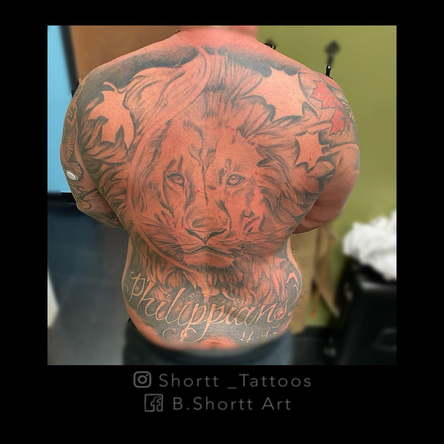 Lion realism tattoo on the back by Brie Marie
