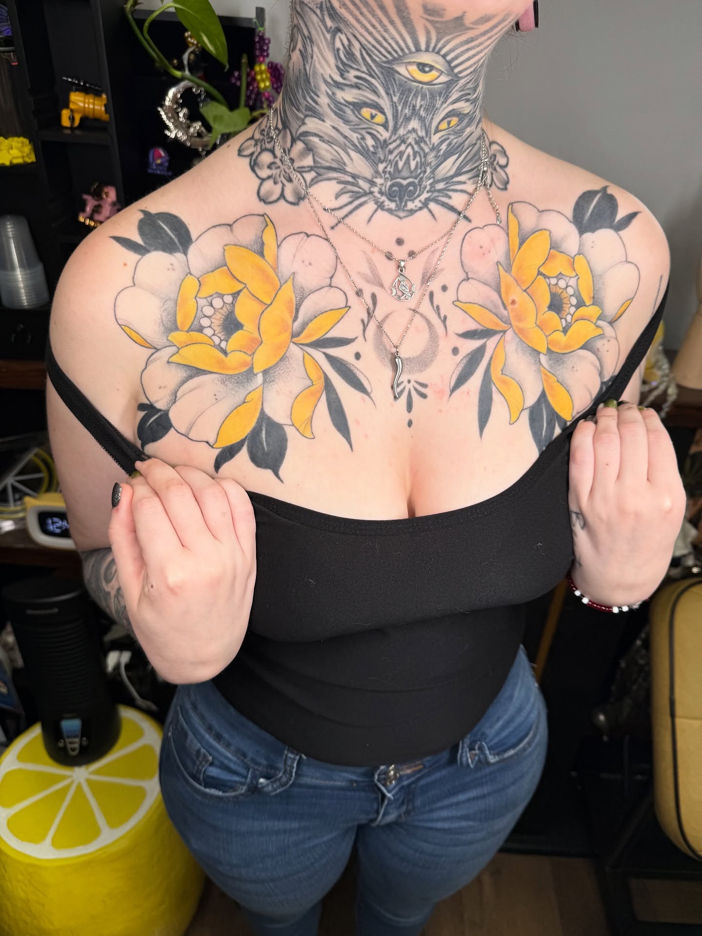 Wolf and flowers American traditional tattoo on the chest by Maia Papaya Tattoos 🐝 Olympia Tattoo Artist