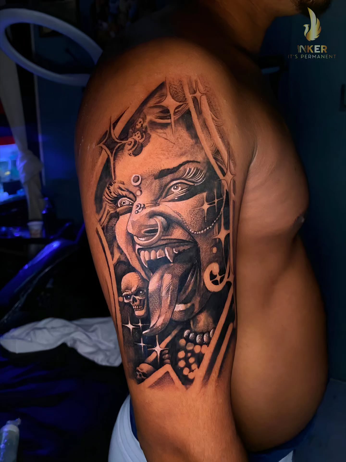 Clown realism tattoo on the thigh by Shubhadeep Mukherjee
