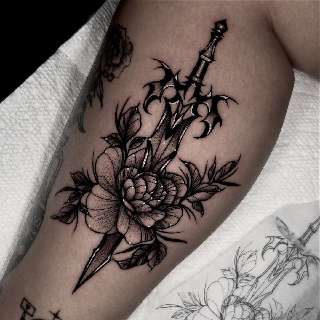 Tattoo by @monarch.tattoos — black_and_grey, dotwork