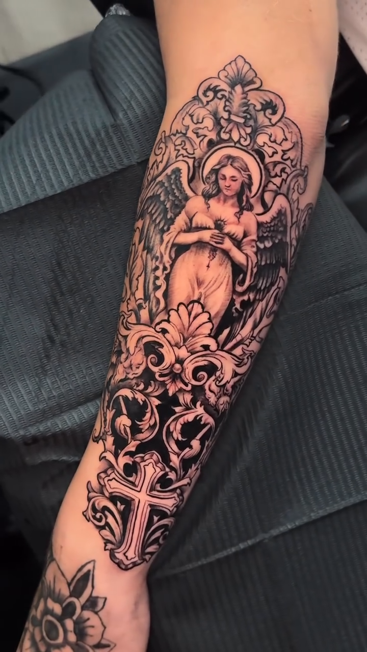 Angel with ornate frame and cross realism tattoo by INK with KIRON 🇳🇵 🇺🇸DTX, Dallas, Texas