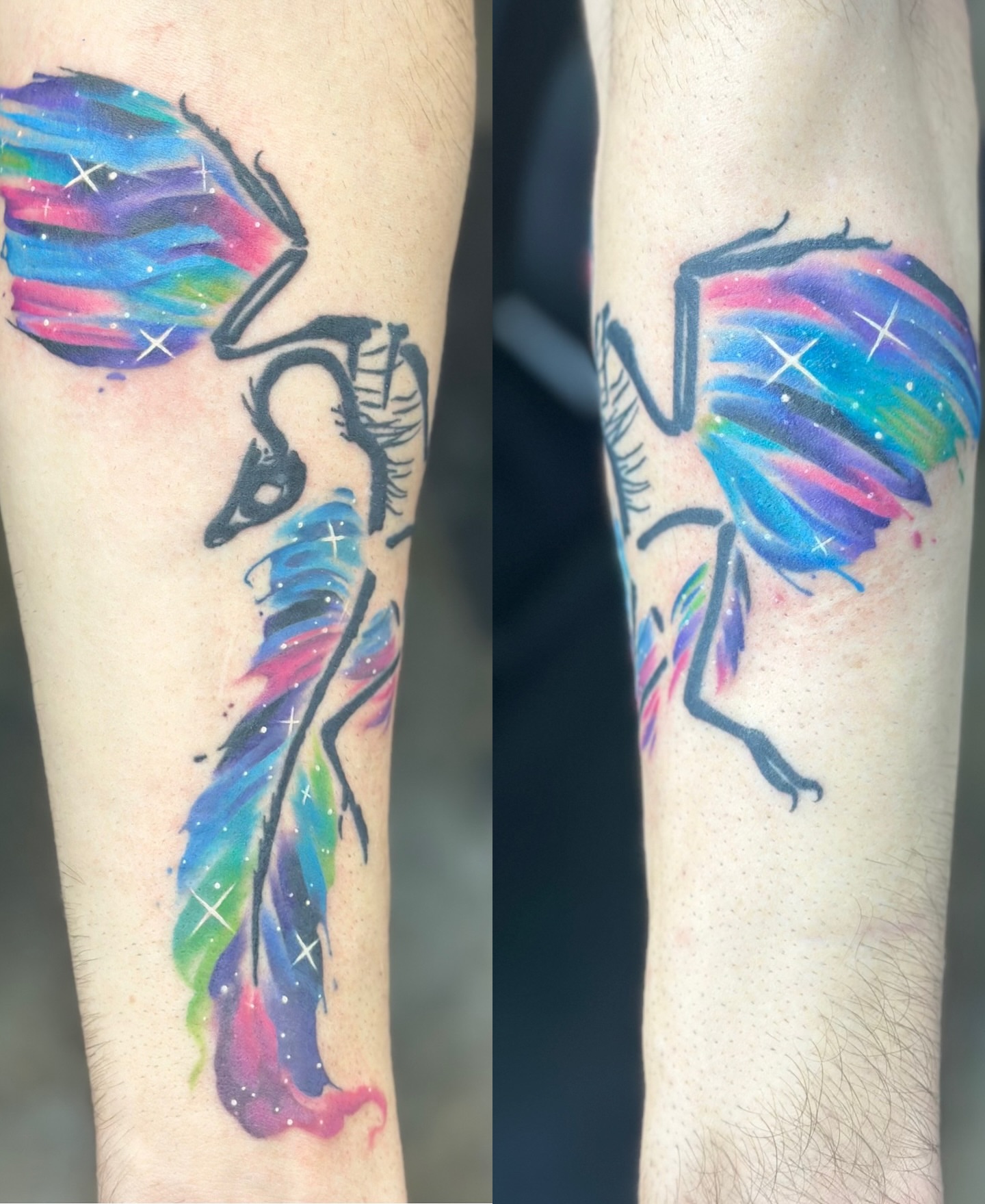 Peacock watercolor tattoo on the forearm by Megan Sierra