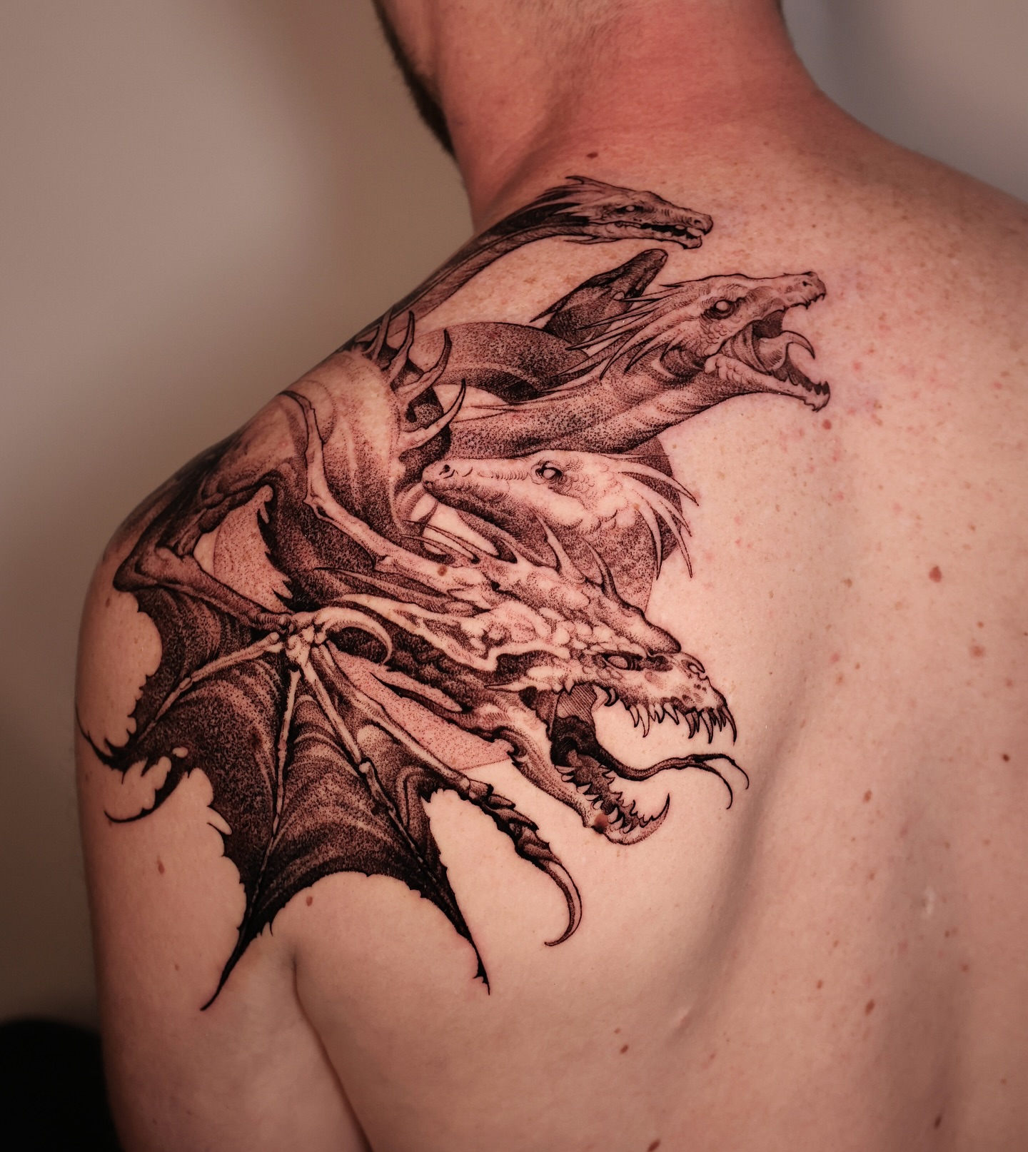 Dragon dotwork tattoo on the back by Anna Chernova, San Francisco, California