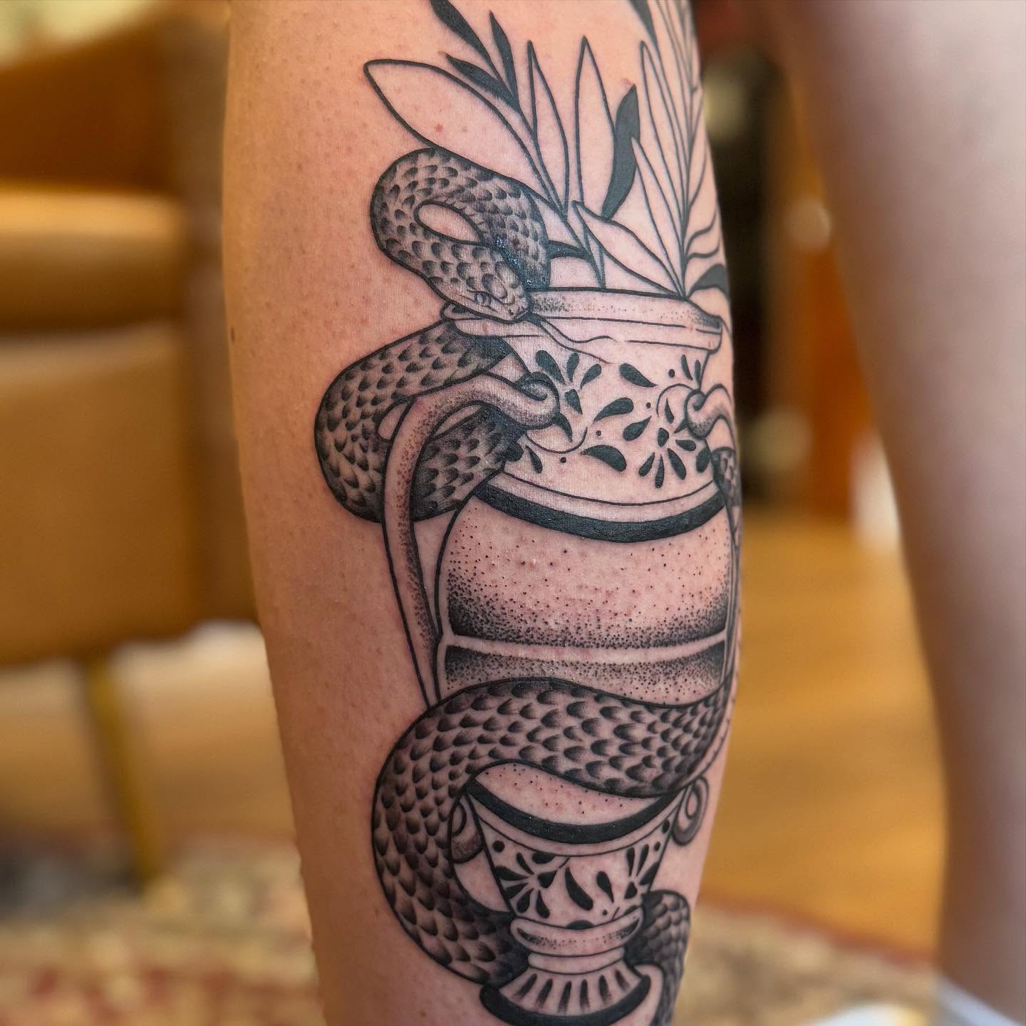 Snake and vase dotwork tattoo on the forearm by katie lou, Norwich, Connecticut