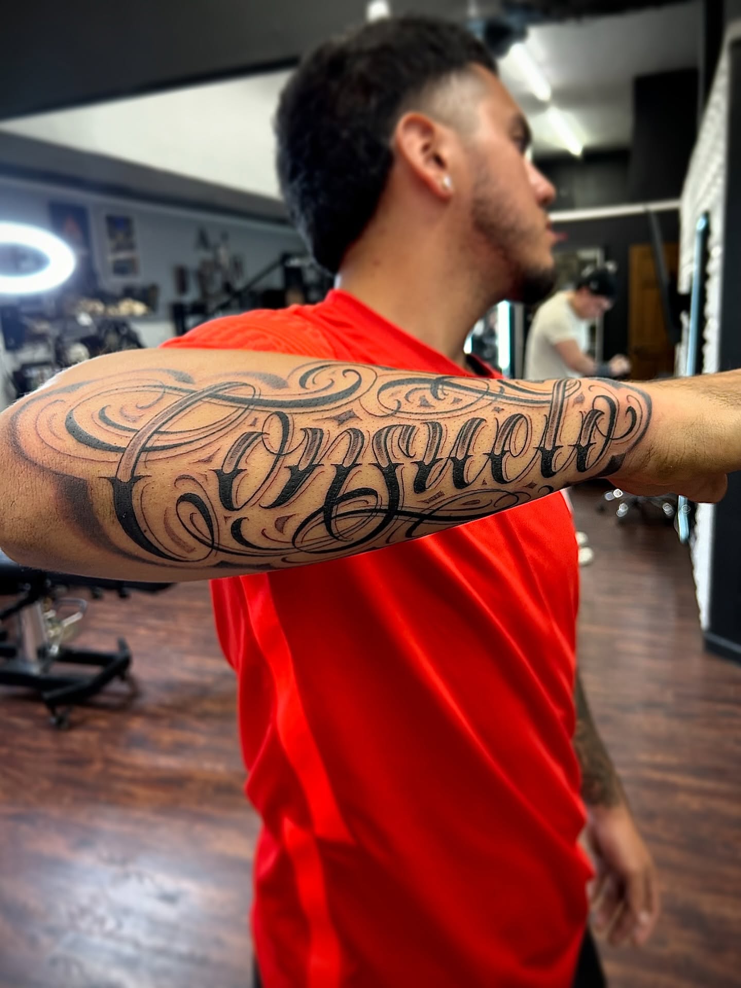 Script lettering lettering script tattoo on the upper arm by $krypt