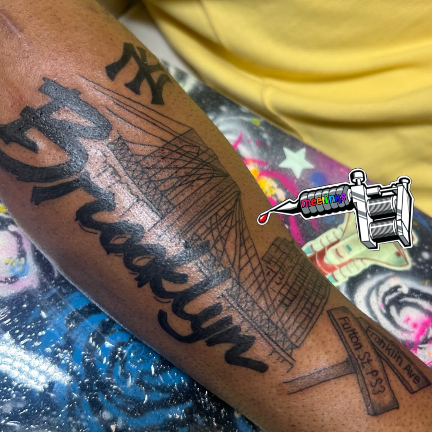 Brooklyn Bridge black and grey tattoo on the forearm by Meela Inks ๐, Richmond, Virginia
