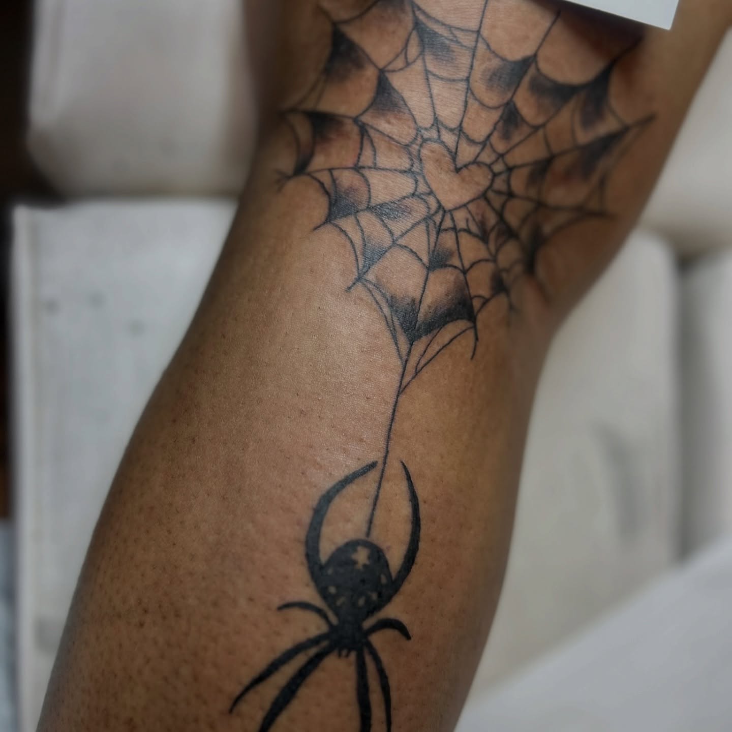 Spiderweb and spider black and grey tattoo on the forearm by Meela Inks ๐, Richmond, Virginia