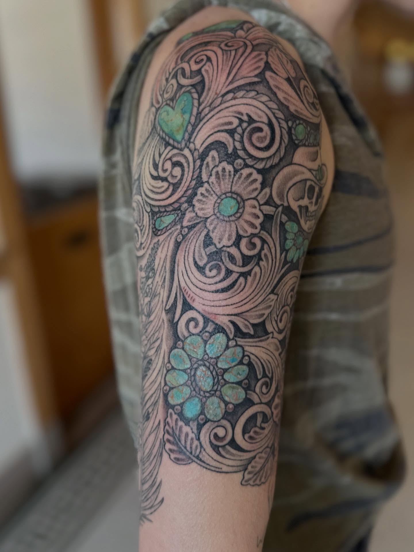 Floral ornamentation ornamental tattoo on the forearm by Abigail Townsend