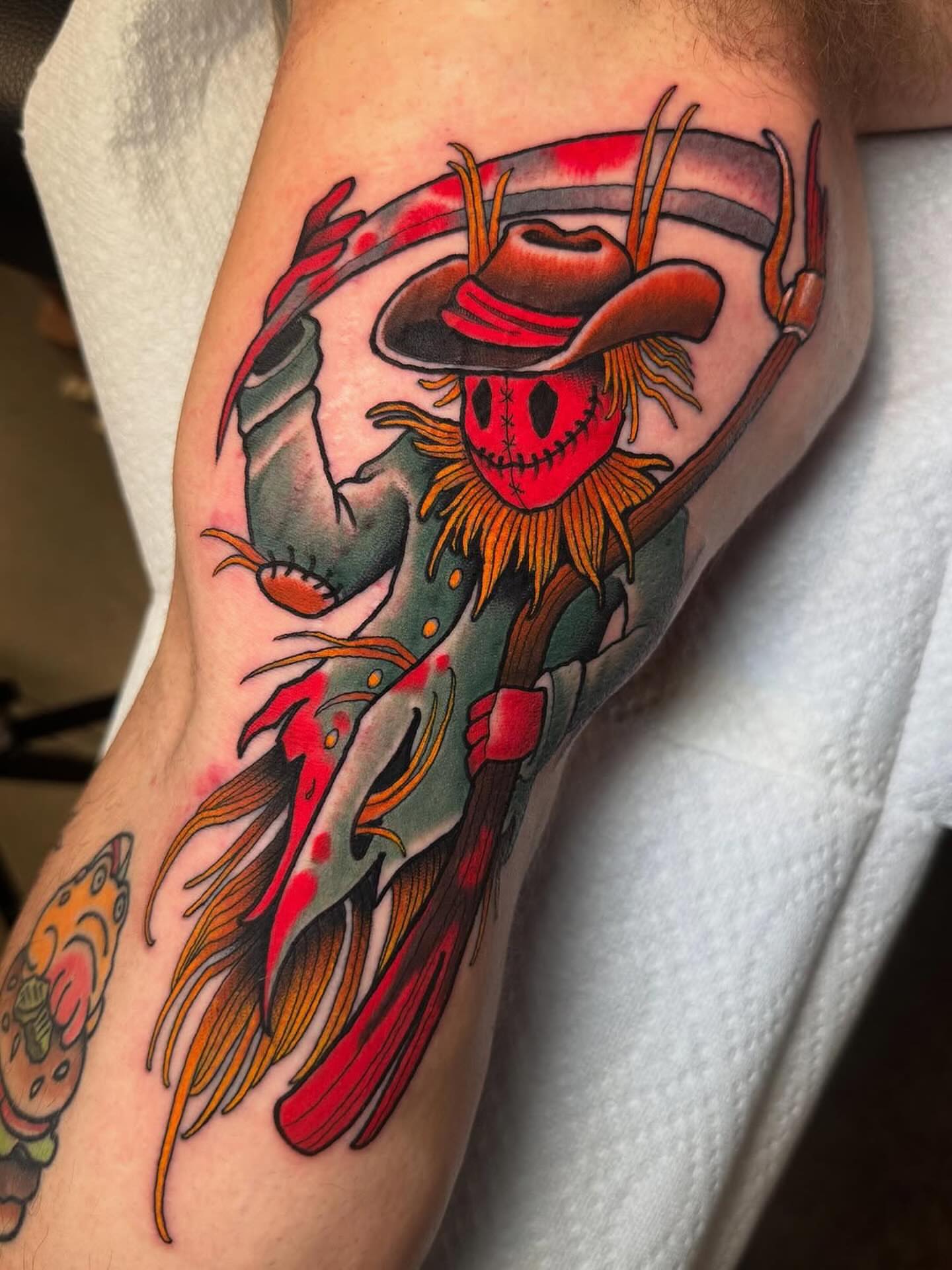 Scarecrow American traditional tattoo on the forearm by Jess Longfield, Des Moines, Iowa