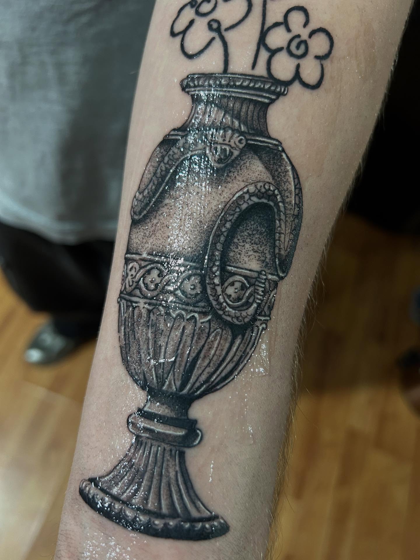Antique vase black and grey tattoo on the forearm by Barro