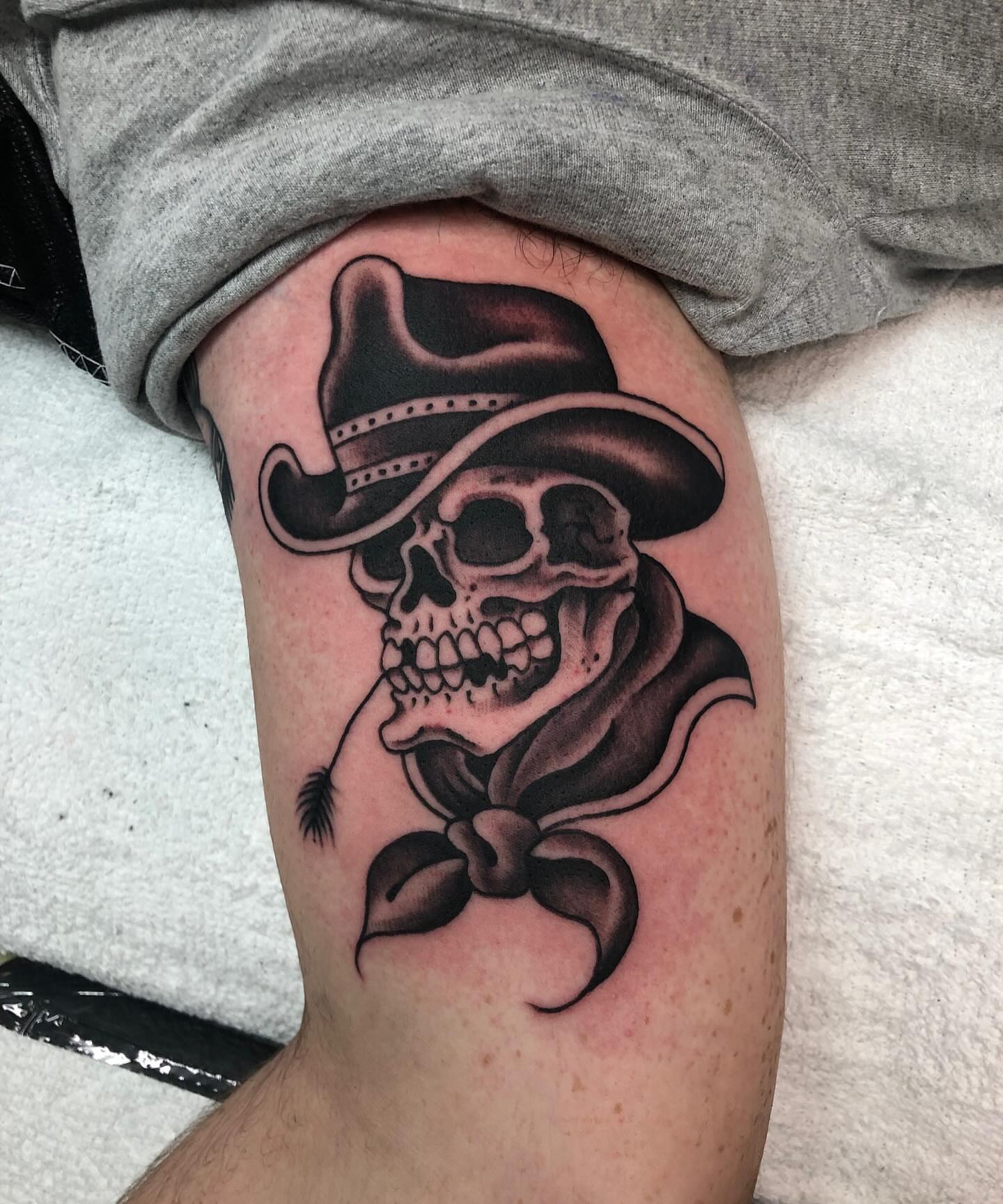 Cowboy skull realism tattoo on the thigh by Matt Klass