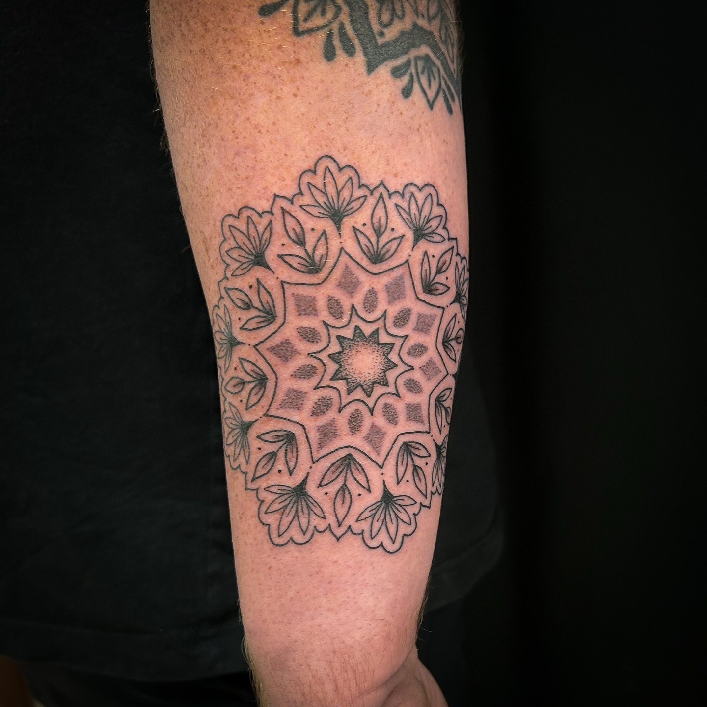Mandala dotwork tattoo on the forearm by Jessica Oram Brockman, Dayton, Ohio
