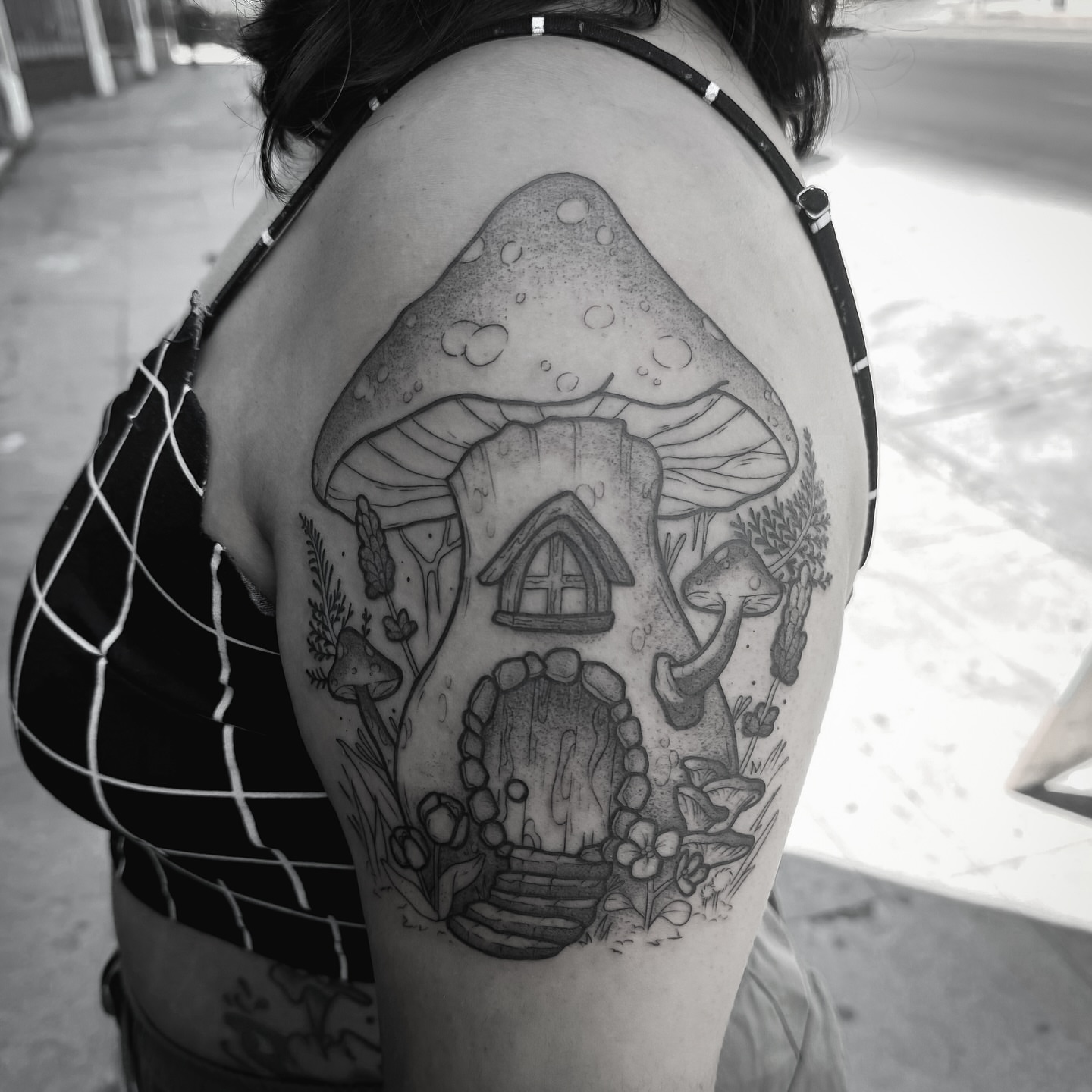 Mushroom house realism tattoo on the shoulder by Hades cabrera, Richmond, Virginia