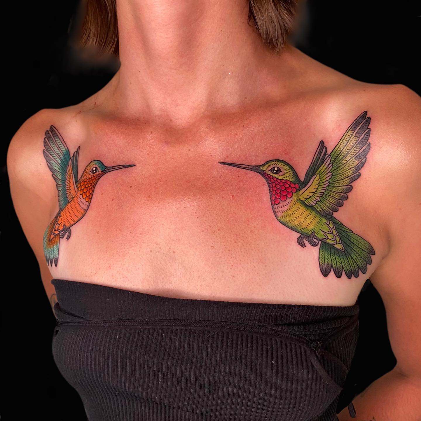 Hummingbirds dotwork tattoo on the chest by Krista - Tattoo Artist