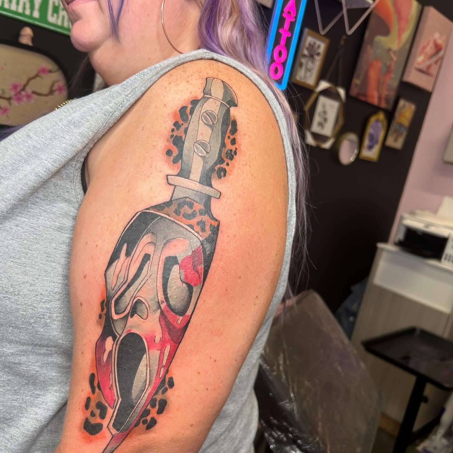 Knife trash polka tattoo on the shoulder by Big Mar, Rocky Hill, Connecticut
