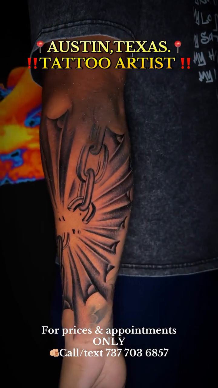 Sunburst with chains realism tattoo by 📍 Austin