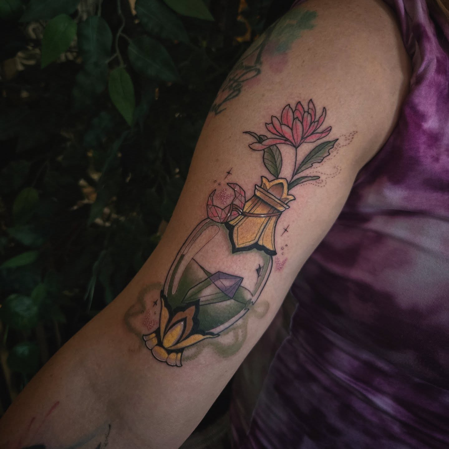 Water lily and crystal new school tattoo on the forearm by Alexandra Colella ✨️