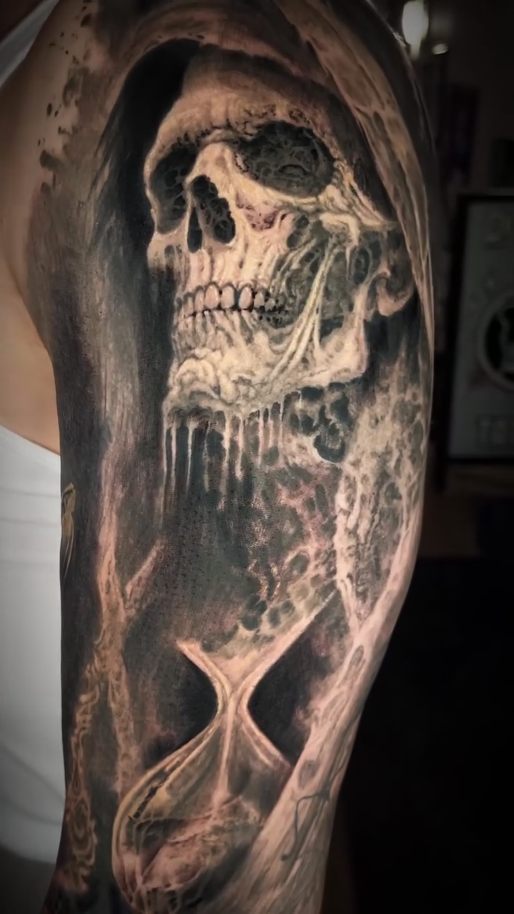 Grim reaper skull and hourglass dark realism tattoo by Brian Ulibarri