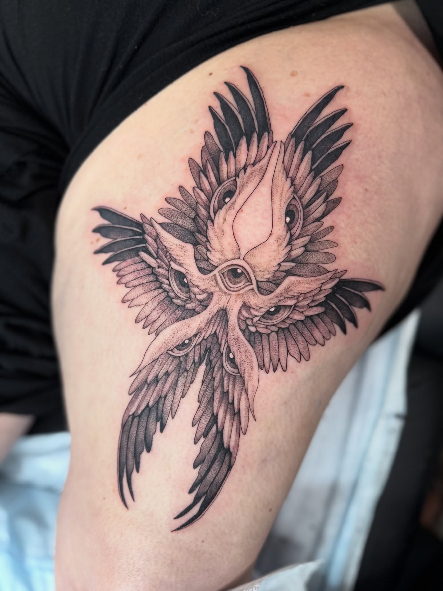Owl black and grey tattoo on the thigh by 🥀michael Ta 🥀