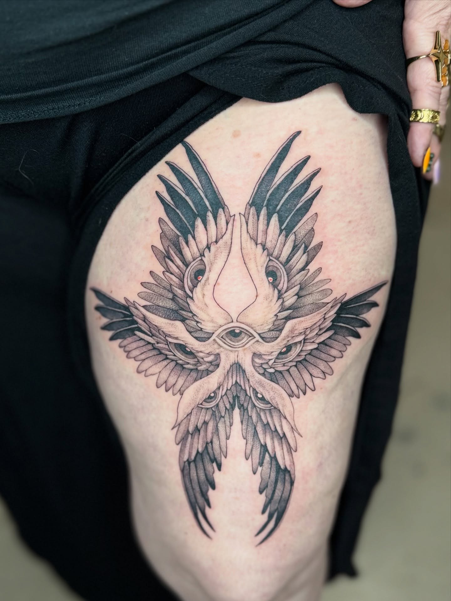 Owl geometric tattoo on the thigh by 🥀michael Ta 🥀