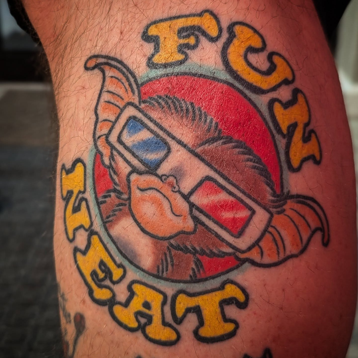 Fun heat American traditional tattoo on the forearm by Ryan Slegel