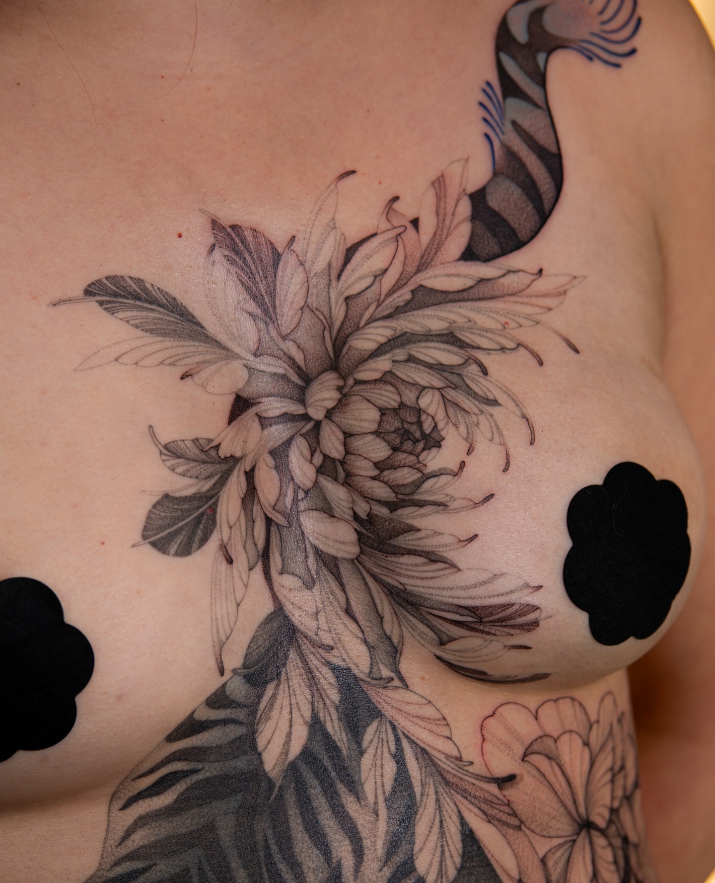 Chrysanthemum realism tattoo on the chest by Flower Tattoo Sf