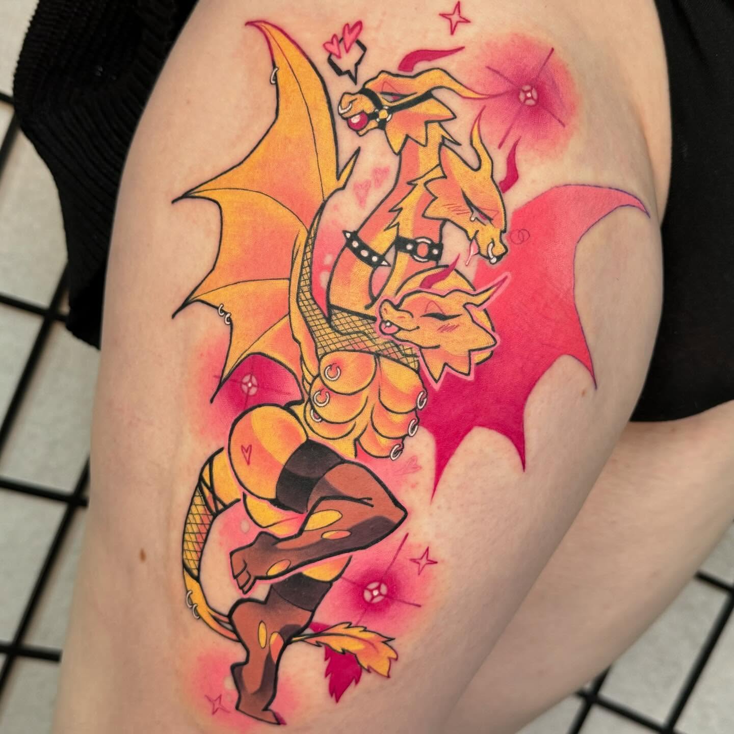 Dragon new school tattoo on the thigh by Taylor Nicoll Chunn