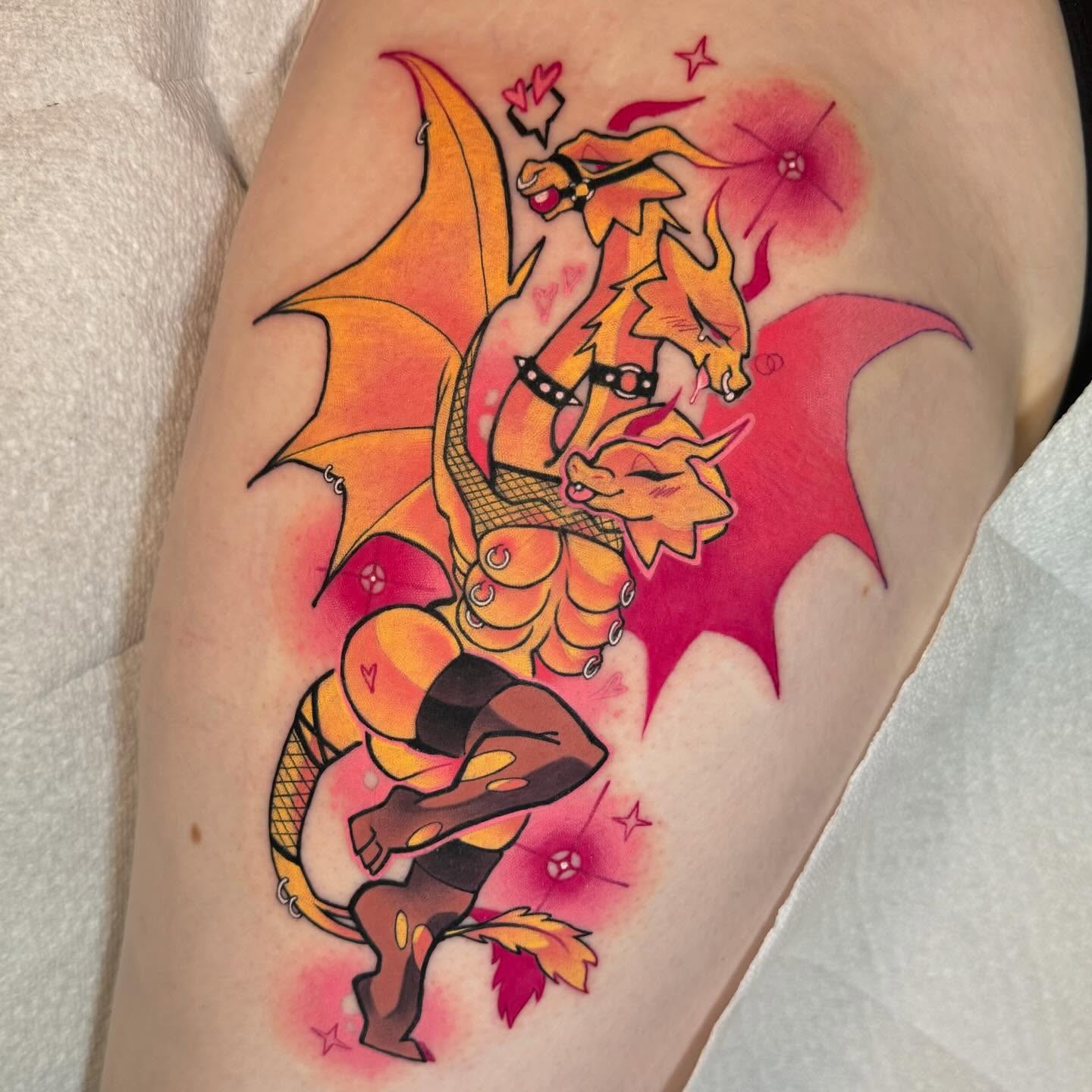 Dragon new school tattoo on the thigh by Taylor Nicoll Chunn