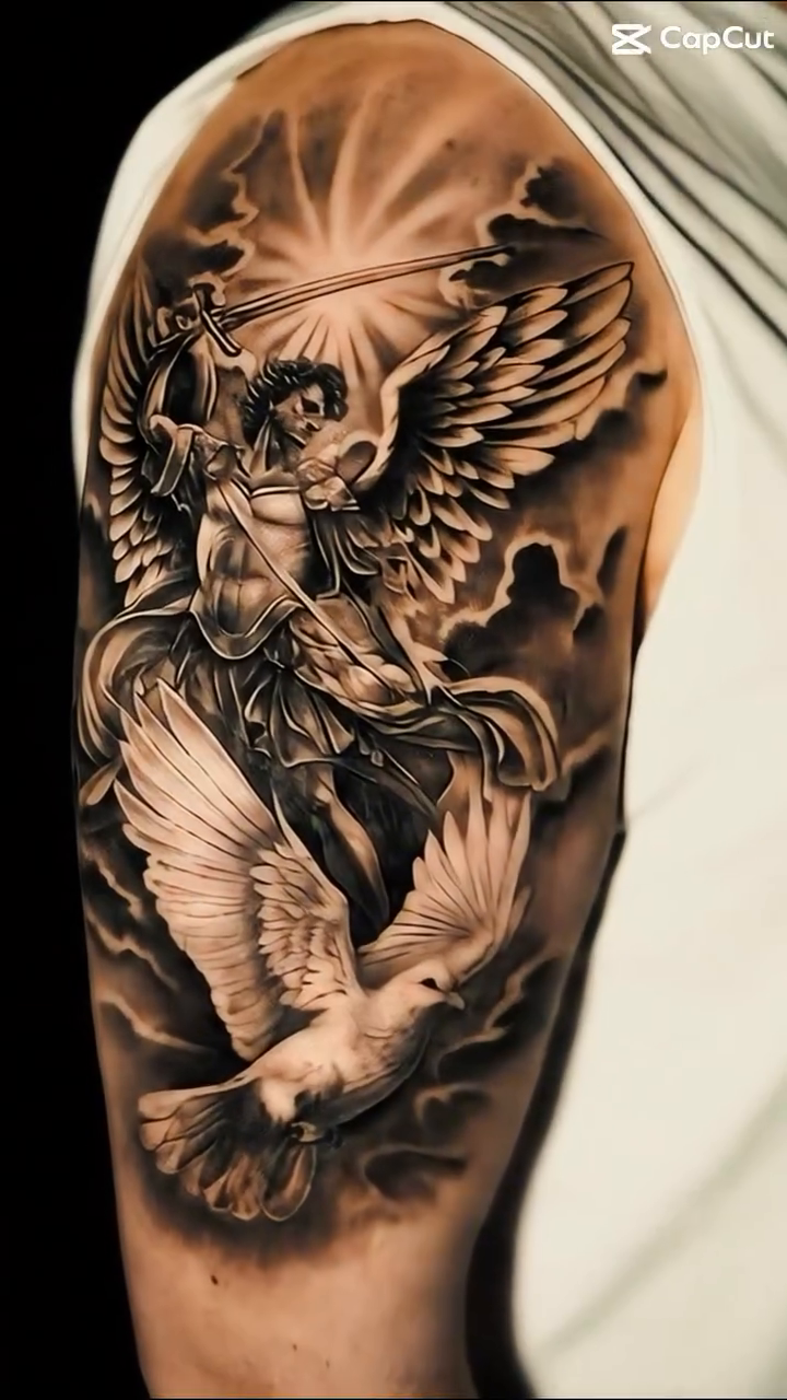 Archangel Michael with dove realism tattoo by James Jurado