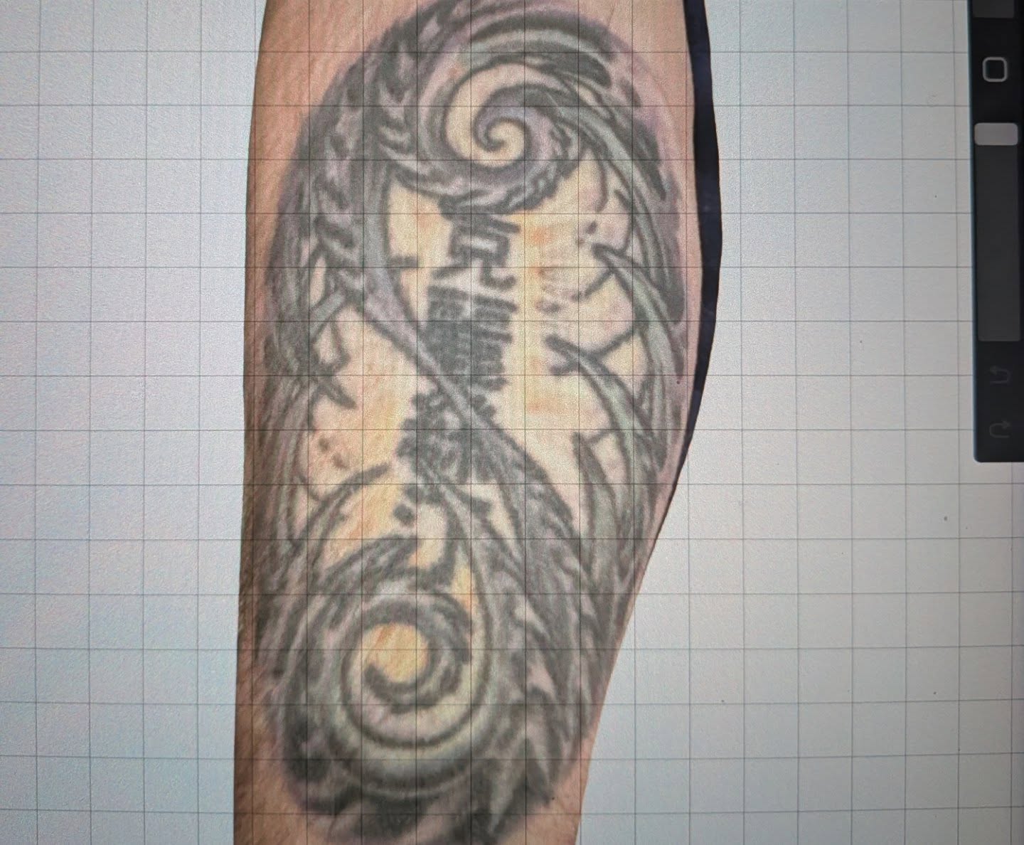 Spirals and abstract shapes black and grey tattoo on the forearm by Nic Skrade, Minneapolis, Minnesota