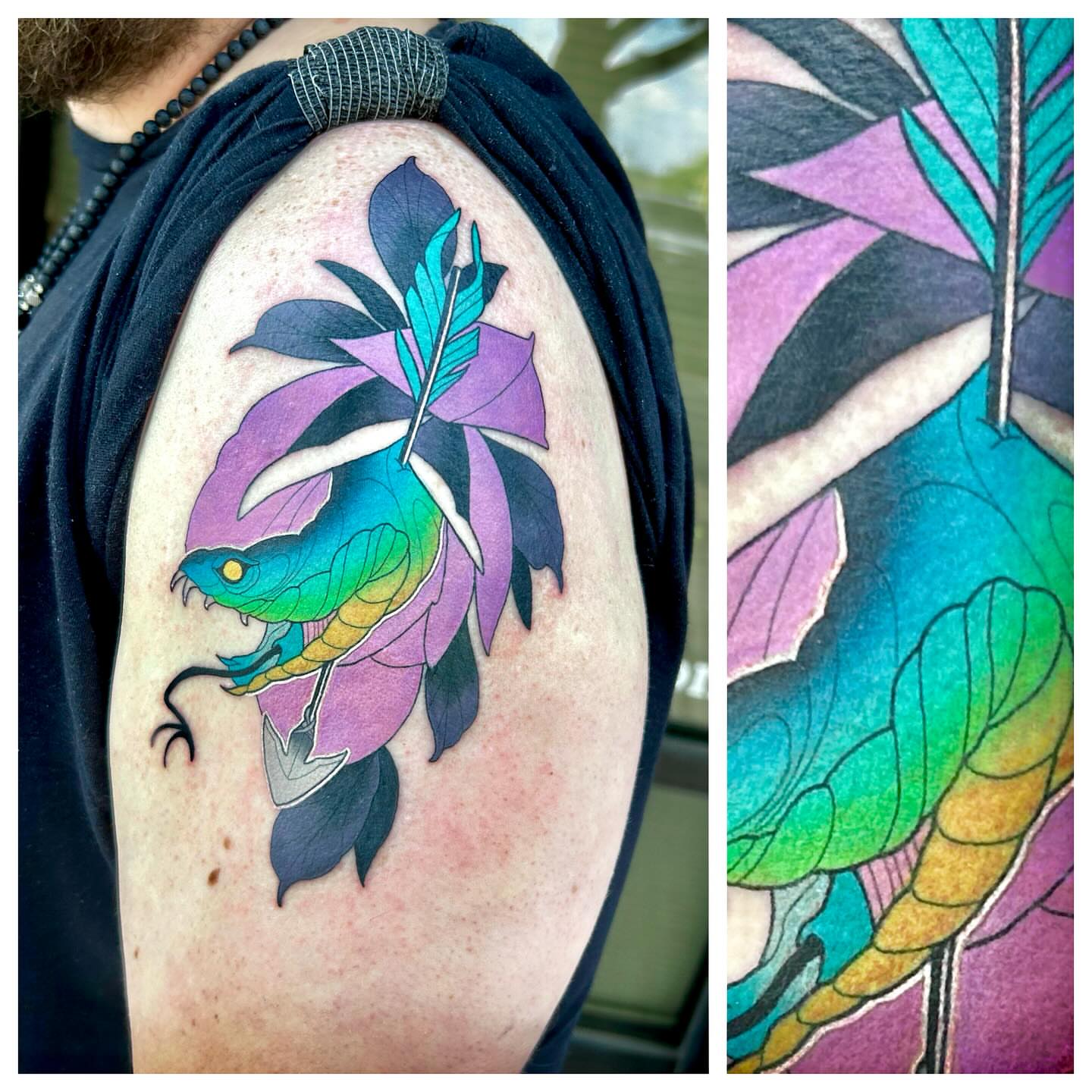 Snake and leaves new school tattoo on the shoulder by Steve Hooker