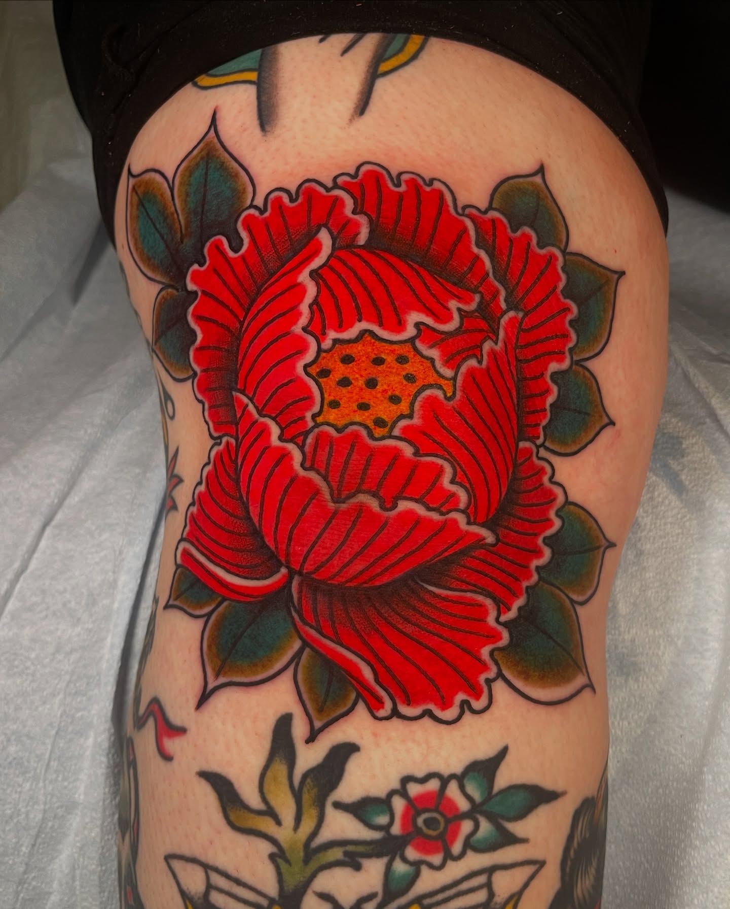 Red poppy American traditional tattoo on the thigh by Jeff Miller philly traditional tattoo