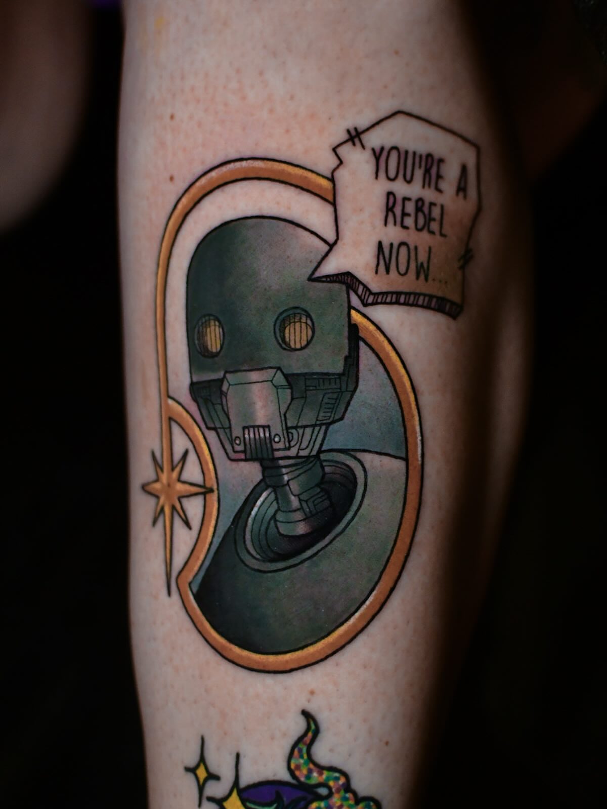 Robot head with speech bubble geometric tattoo on the forearm by Karina πΌ Orange County Tattoo Artist