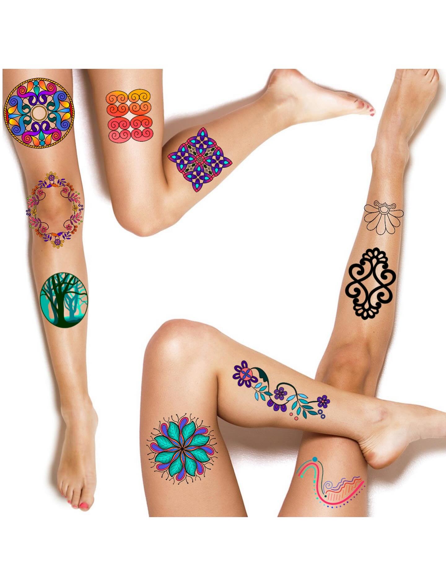 Floral patterns geometric tattoo on the leg by Emma D