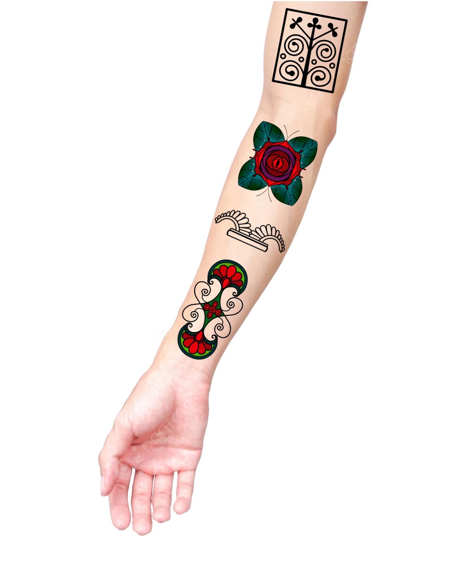 Rose and floral patterns American traditional tattoo on the forearm by Emma D