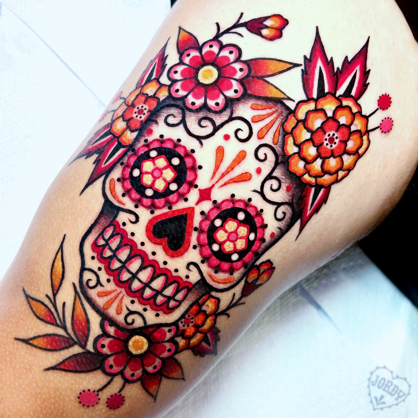 Sugar skull Chicano tattoo on the thigh by jordy, Philadelphia, Pennsylvania