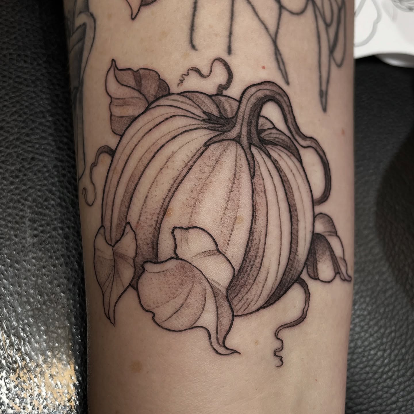 Pumpkin black and grey tattoo on the forearm by Tanya Murski