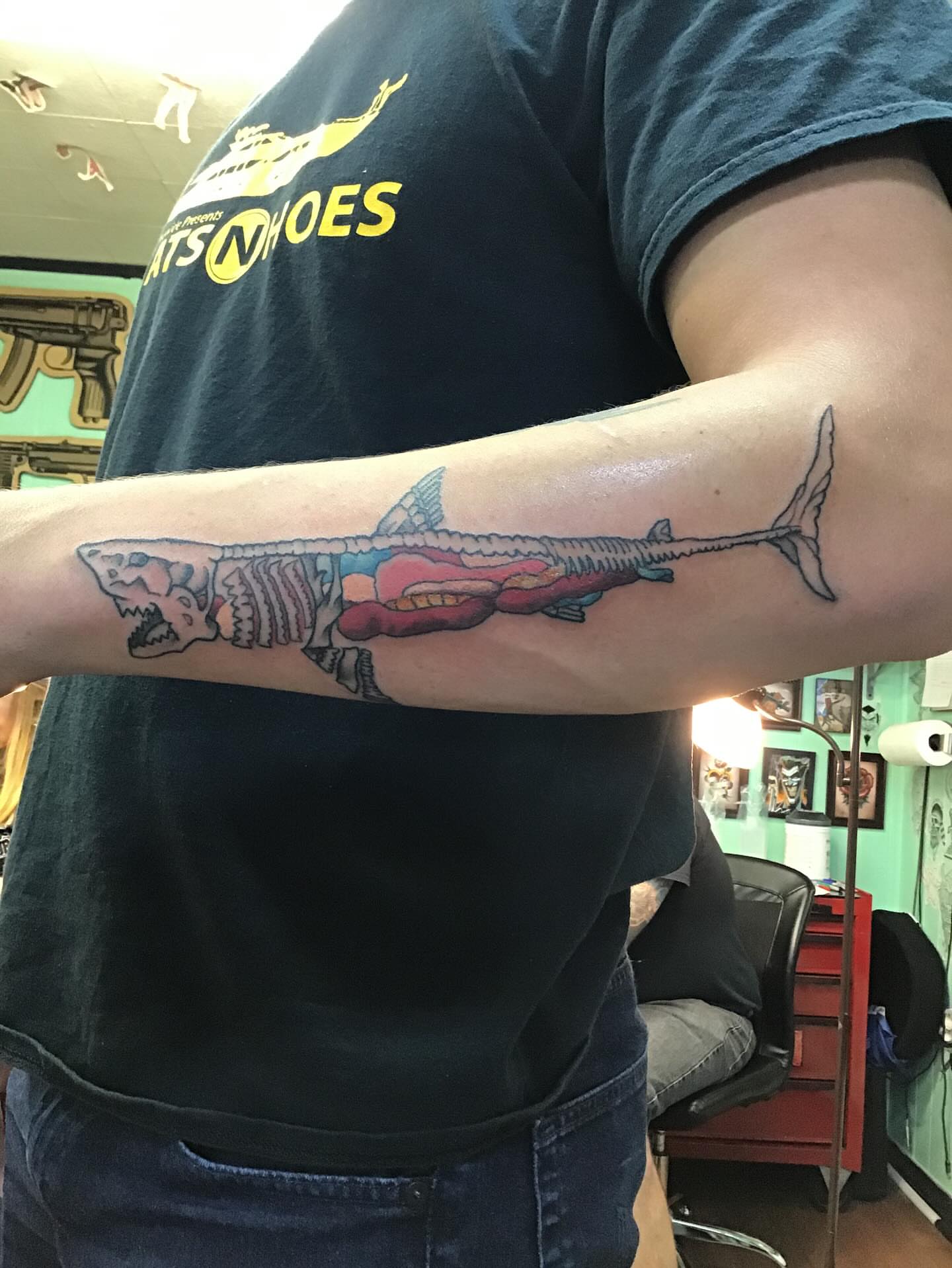 Shark skeleton American traditional tattoo on the forearm by Roachrude