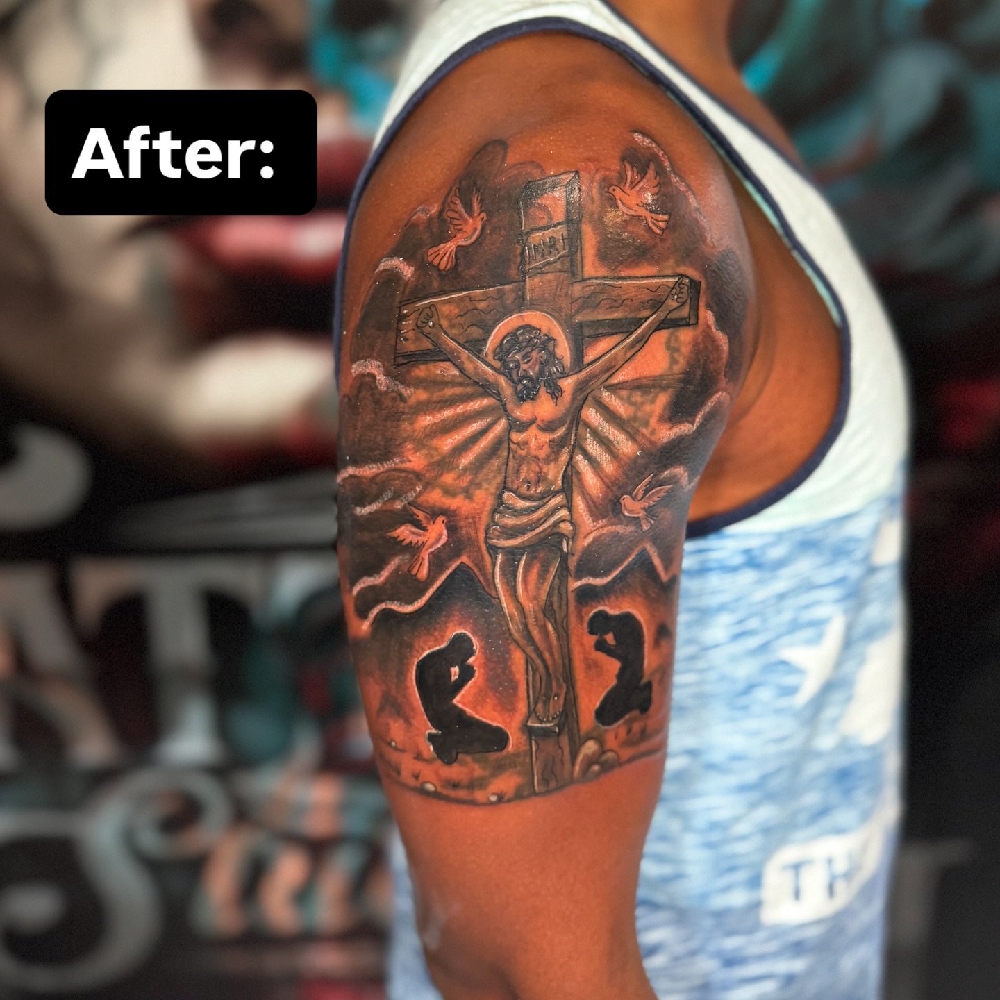 Religious crucifixion scene realism tattoo on the shoulder by Mango 🧿