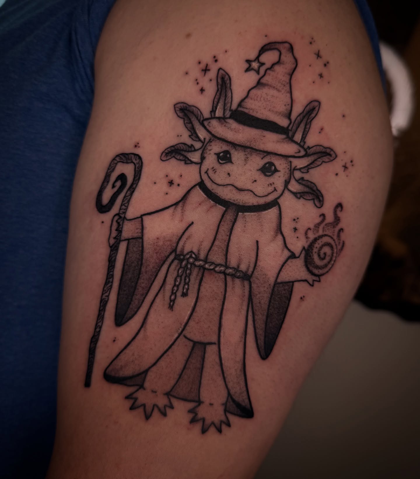 Wizard cat dotwork tattoo on the shoulder by Eden H., Columbus, Ohio