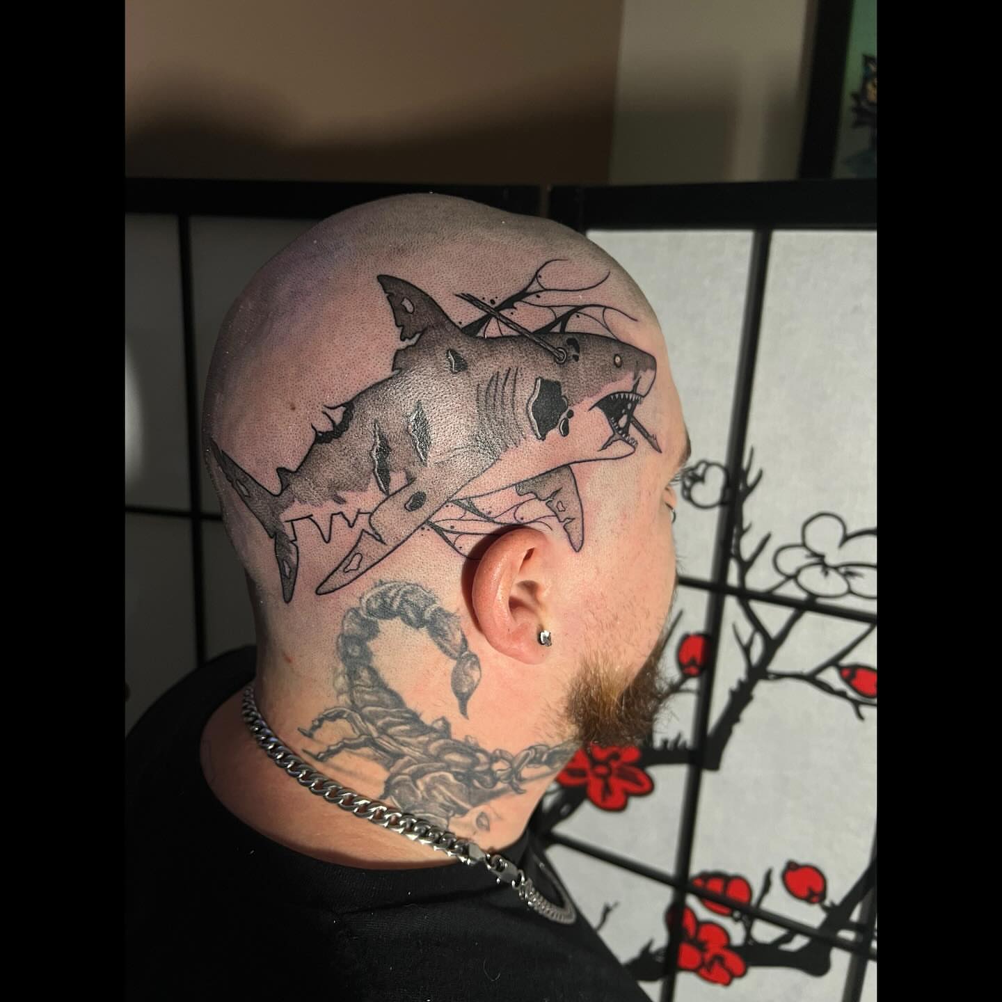 Shark dotwork tattoo on the head by Ali, Cedar Rapids, Iowa