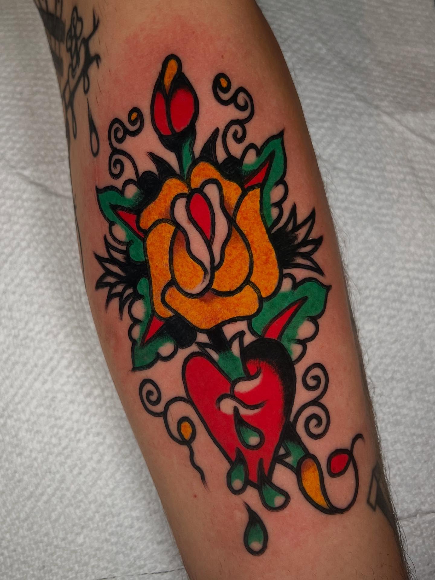 Rose and heart American traditional tattoo on the forearm by 💥Jeff Klug💥, Austin, Texas