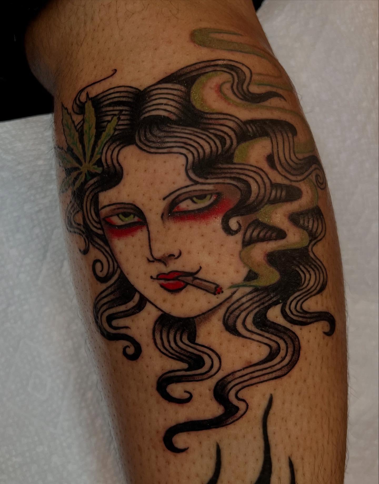Woman smoking American traditional tattoo on the forearm by Liv :)