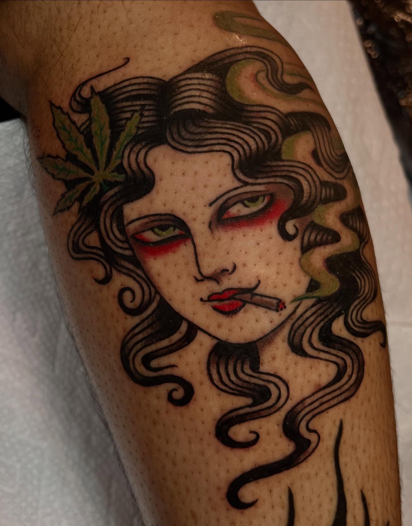 Woman smoking marijuana American traditional tattoo on the forearm by Liv :)